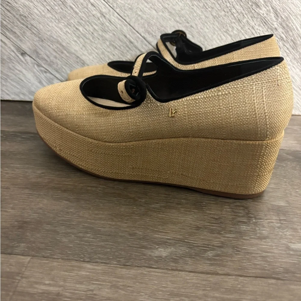 Larroude | Blair Platform Mary Jane Shoes In Raffia Beige Black Size 6.5 NEW